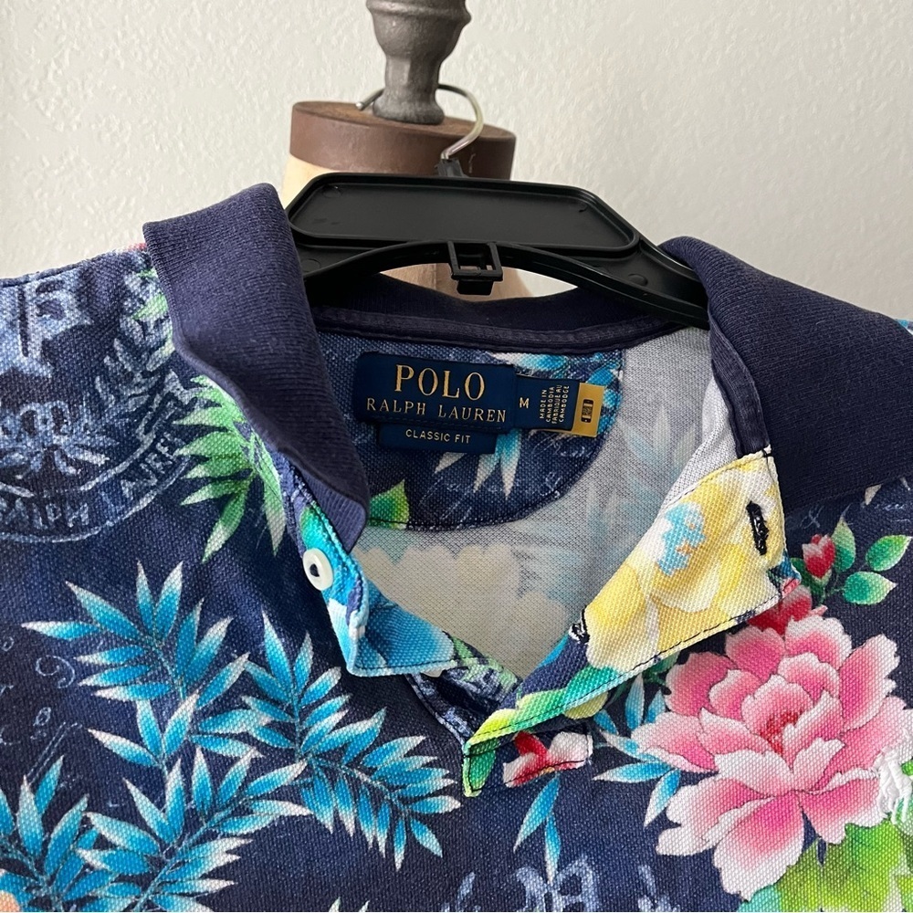 POLO RALPH LAUREN sz M Classic Fit Navy Blue Mesh Polo Shirt Floral Print - Picture 3 of 11